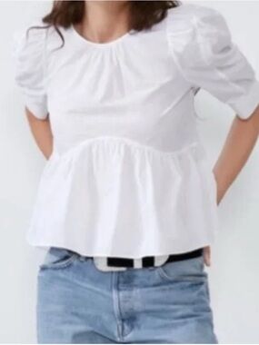 Zara White Babydoll Peplum Top – Size M
